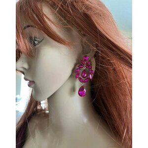 2.6 inch hot pink fuchsia silver earrings crystal rhinestone pierced chandelier